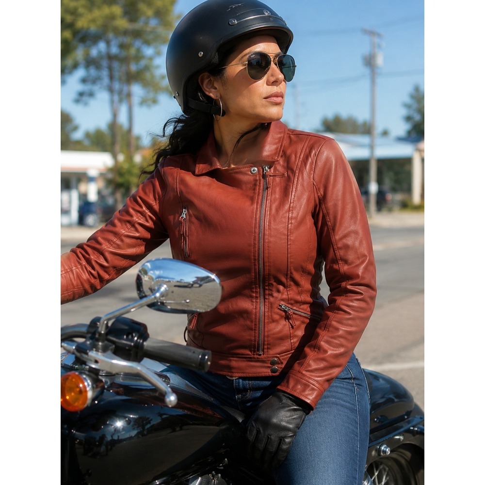 New Look Womens Faux Leather Moto Biker Jacket Rust Brown Size M Asymmetric Zip